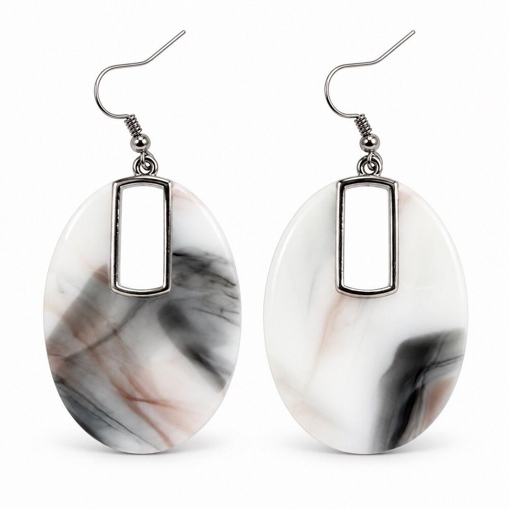 Oversized White Gray Marbled Oval Drop Earrings Silver Tone Hook Dangles